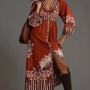 NWT Farm Rio Long-Sleeve V-Neck Midi Dress